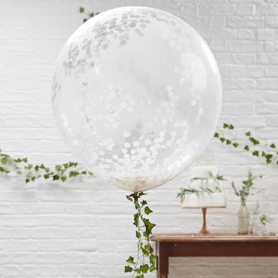 3 ballons géants latex transparent avec confettis blancs