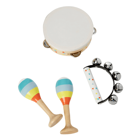 Jouet bébé set 3 instruments maracas, tambourin, grelots en bois