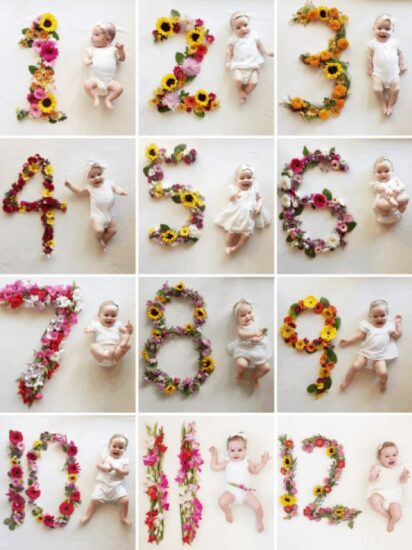 Photo d'un bébé avec des fleurs pour immortaliser la première année de bébé