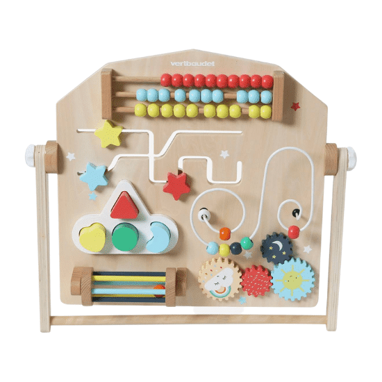 Planche d'activités en bois FSC de type jouet montessori pour bébé
