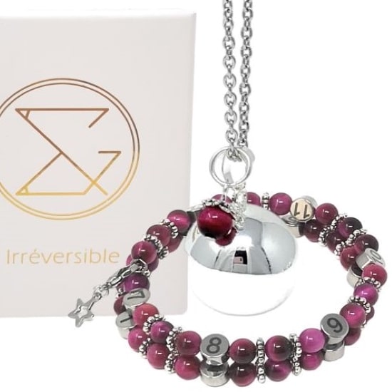 Coffret Bracelet d'Allaitement et Bola Oeil de Tigre Rose IRREVERSIBLE