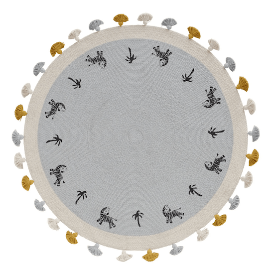 Tapis rond en coton tressé imprimé à pompons