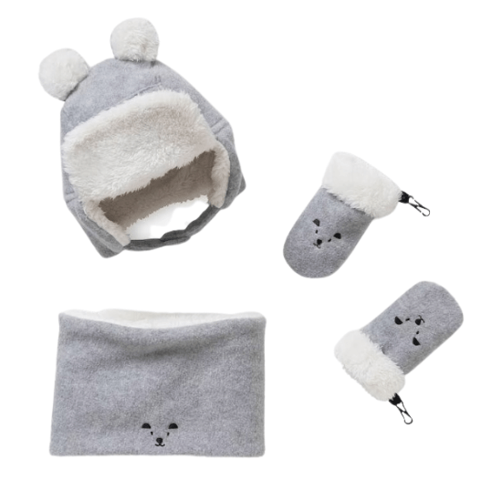 Ensemble bonnet, moufles et tour du cou shapka pour habiller bébé en hiver