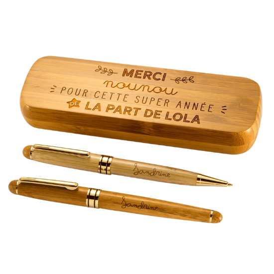 Coffret bambou personnalisé et 2 stylos gravés pour cadeau pour nounou