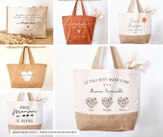 Sac cabas Cadeau Fête des mères / Grand mères personnalisé vert amande
