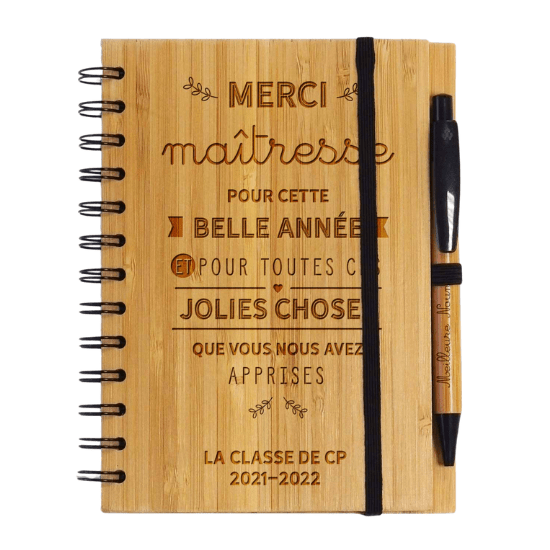 Carnet bambou personnalisé et stylo gravé HappyBulle Merci Maîtresse