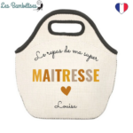 Borsa Di Tela Per Maestra Con Pochetta Abbinata, Cadeau Fine Anno Scolastico, Cotone, 38x40 Cm, Scritta "Merci Maîtresse", Bianco