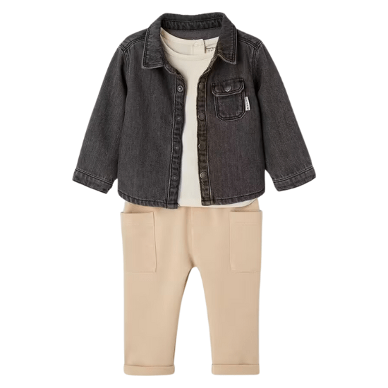 Ensemble chemise + tee-shirt + pantalon Bébé - denim gris vertbaudet