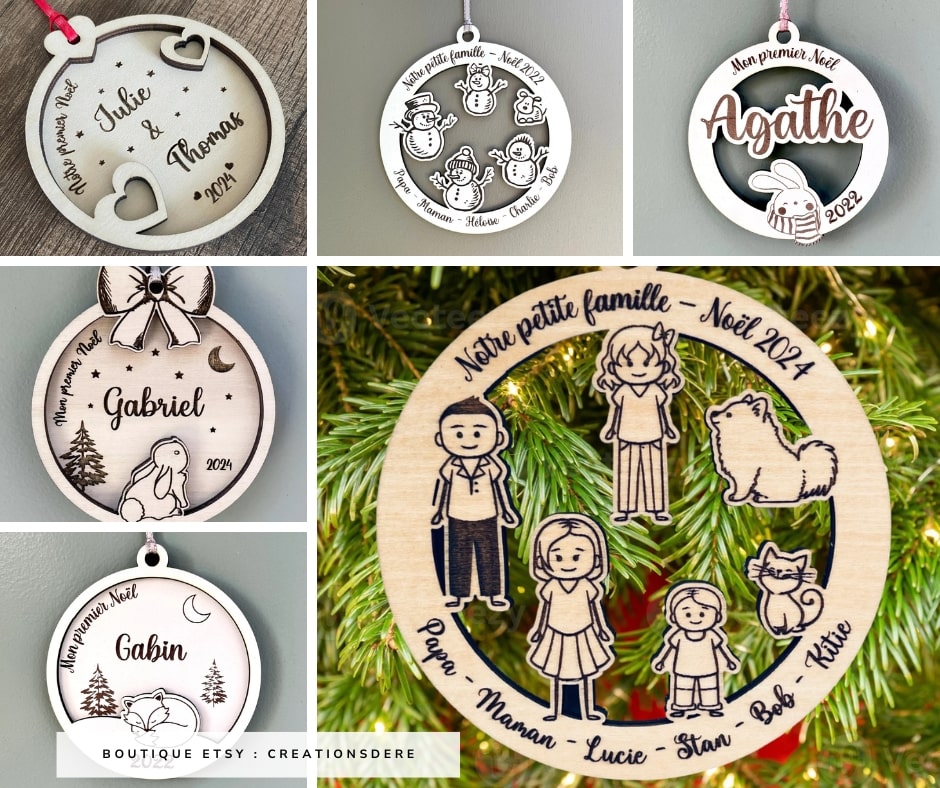 Ornement personnalisé famille en bois - Créatrice Etsy : CreationsDeRe