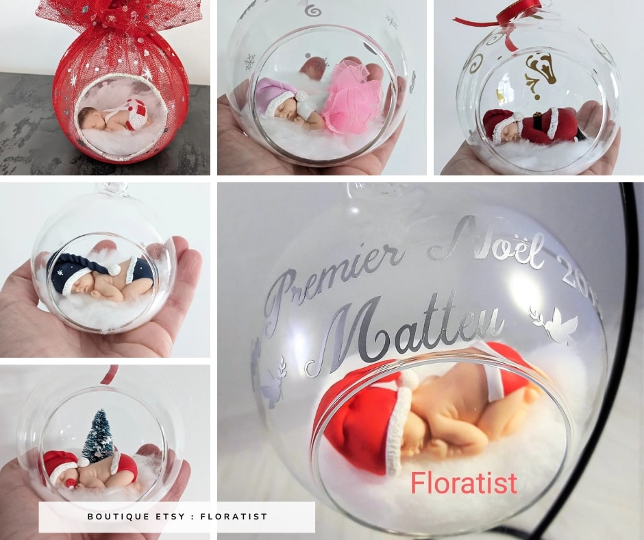 Boule de Noël avec bébé fimo - Créatrice Etsy : Floratist