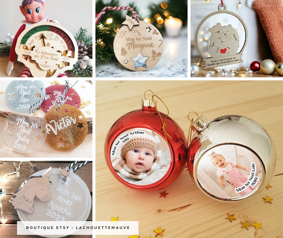 Boule de Noël avec photo bébé - Créatrice Etsy : La chouette mauve