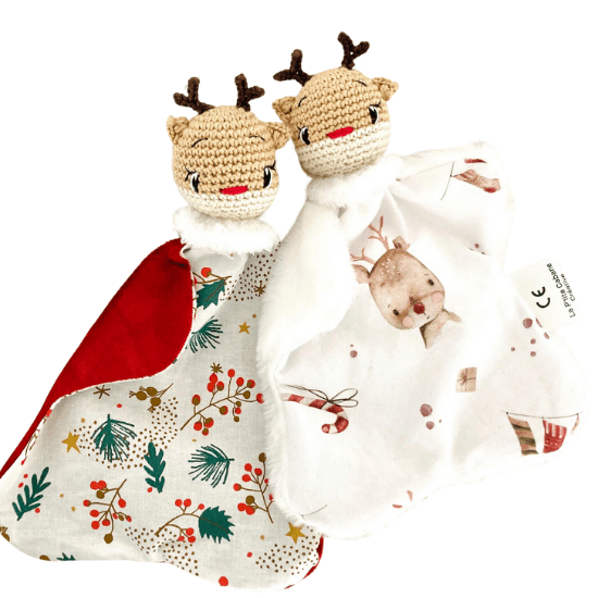 Doudou lange renne comme premier cadeau de Noël pour bébé - Créatrice Etsy : LaPtiteCabanecreativ