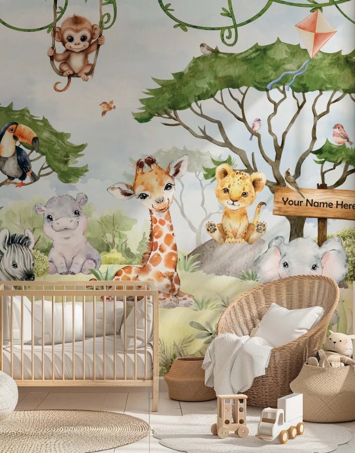 Mobile Bébé Animaux Jungle - Décoration Chambre, Thème Sauvage, Bois - Pour Berceau, 52 Cm, Style Bohème