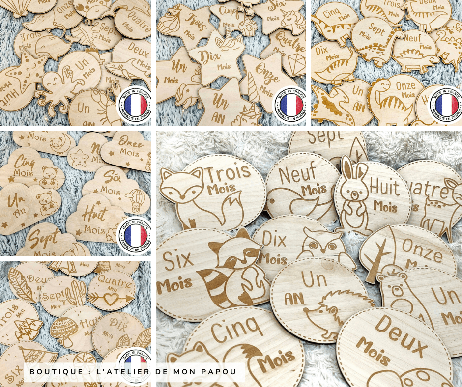 Cartes étapes en bois pour bébé - Créateur Etsy : L'Atelier de mon papou