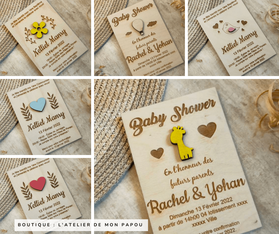Faire part en bois pour baptême ou baby shower - Créateur Etsy : L'Atelier de mon papou