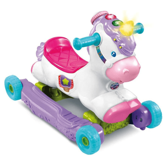 Jouet licorne 3 en 1 : licorne à bascule, porteur et tableau d'activités de Vtech