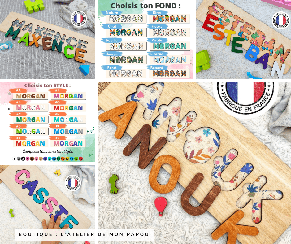 Puzzle personnalisé prénom enfant - Créateur Etsy : L'Atelier de mon papou