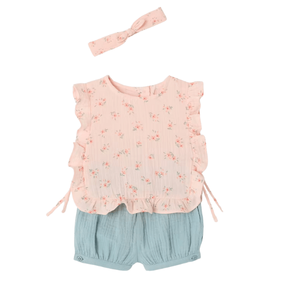 Ensemble bébé fille : blouse + short + bandeau en gaze de coton vertbaudet