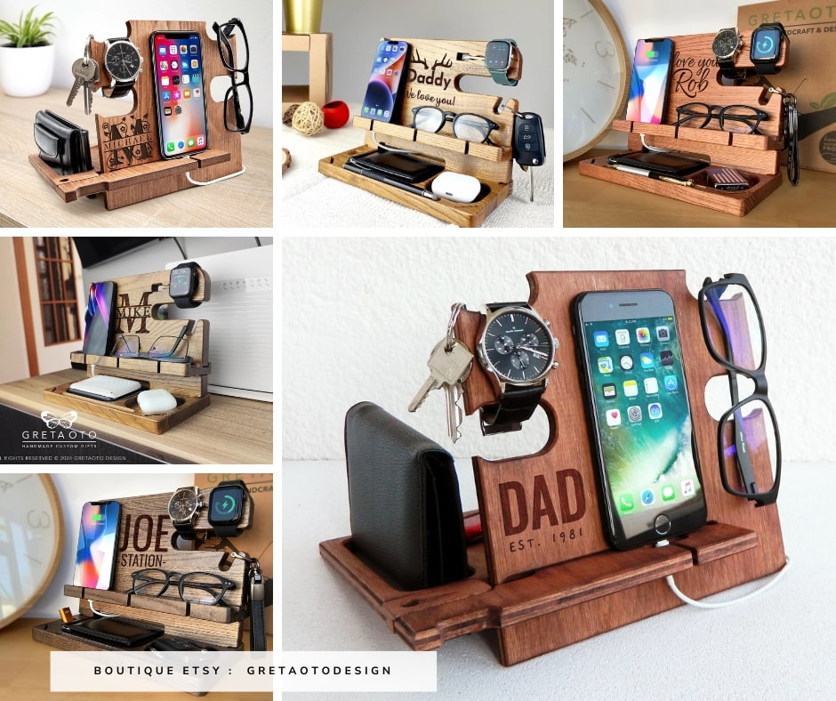 Station accueil téléphone comme cadeau de fête des pères personnalisé - Créatrice Etsy : GretaOtoDesign