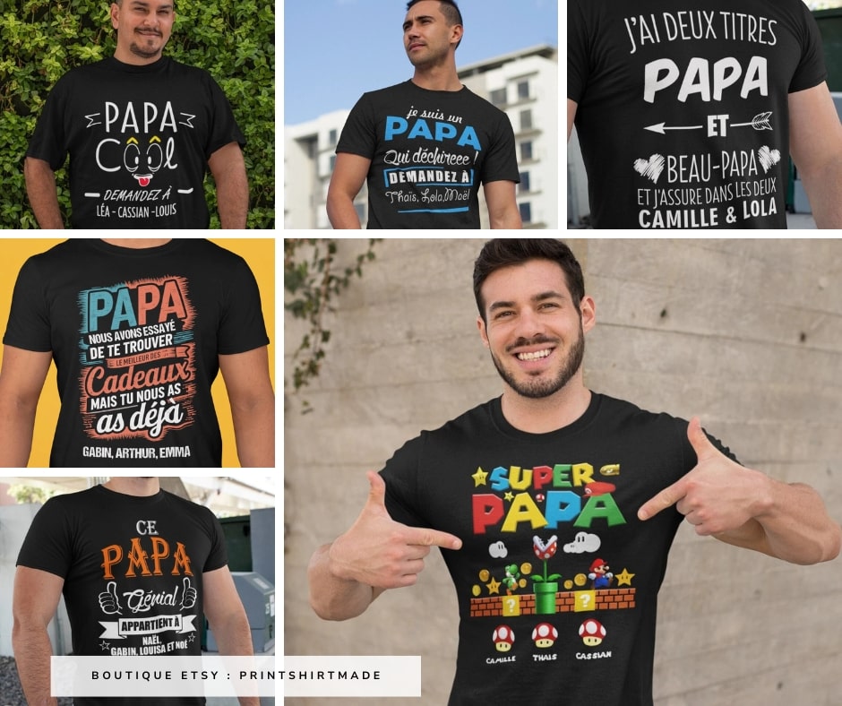 Cadeau de fête des pères personnalisé : un T-shirt stylé - Créatrice Etsy : PRINTSHIRTMADE